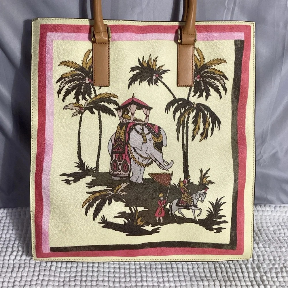Tory Burch Kerrington Elephant Print In Caravan Border Tall Tote Bag